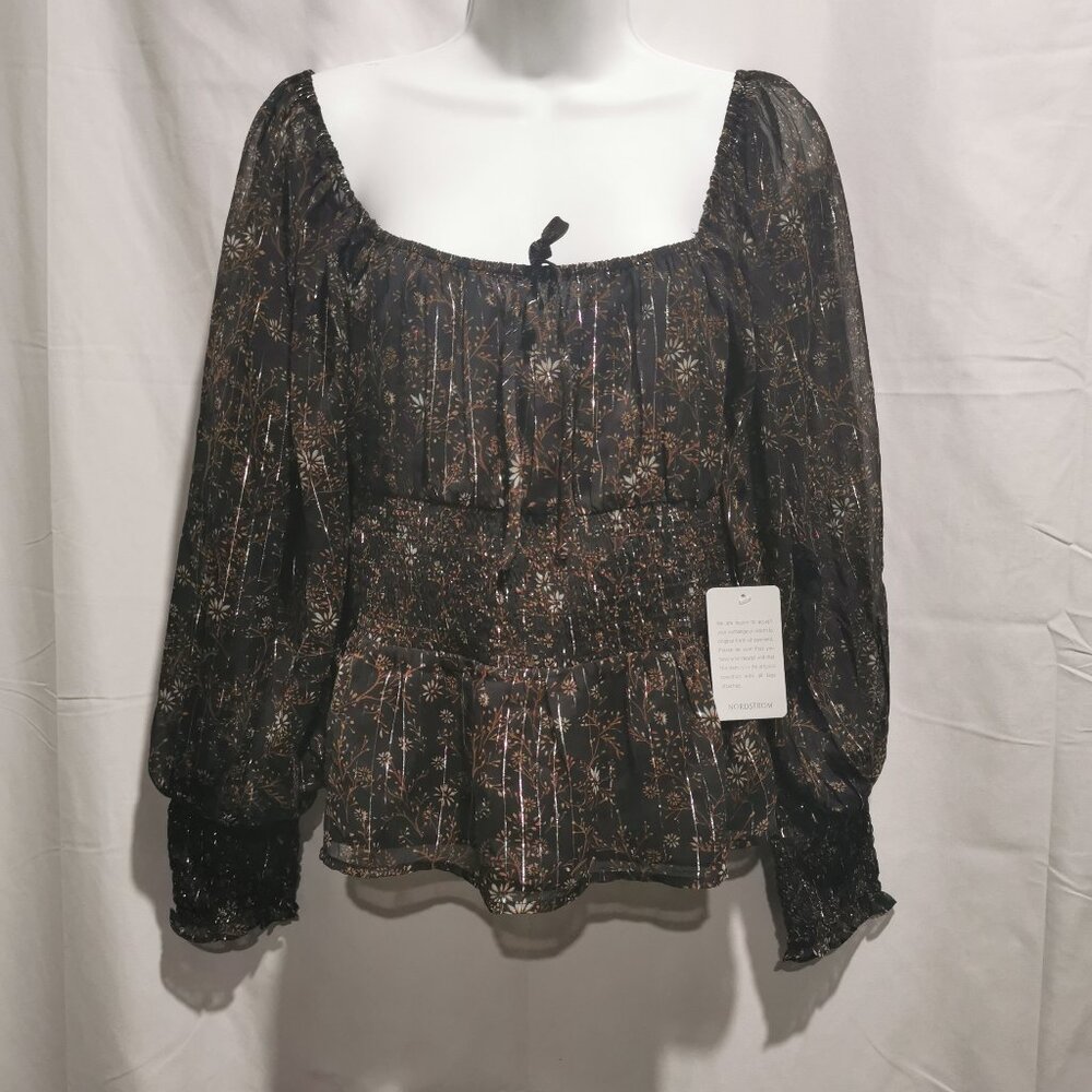 Sheer with Metallic Detail Smocked Waist and Cuff Blouse Size L NWT #198